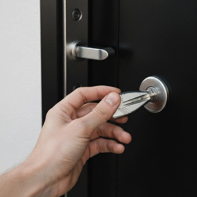 Main tenant une clé de sécurité devant une porte moderne