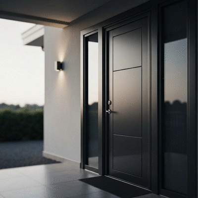 Modern armored door with security features in a home setting