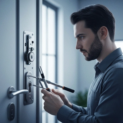 Serrurier professionnel ouvrant une porte avec des outils spécialisés