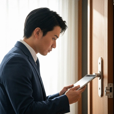 Professional conducting a security audit of a home, inspecting a door lock with a tablet, no text, no words, no typography, 8K