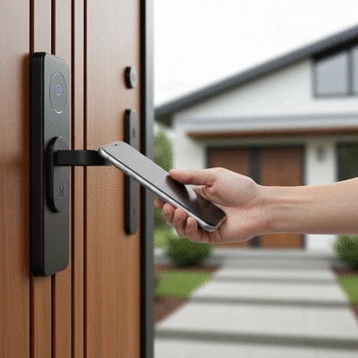 Hand using a smartphone to control a smart lock on a modern front door