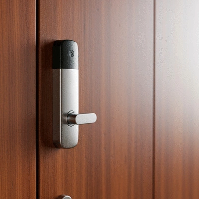 Close-up of a modern electronic keypad lock on a wooden door