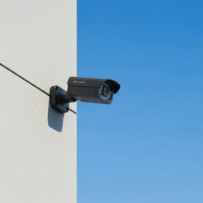 Caméra de surveillance moderne installée sur un mur de commerce