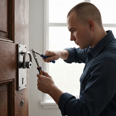 Serrurier ouvrant une porte avec des outils spécialisés
