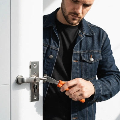 Serrurier travaillant sur une serrure de porte moderne