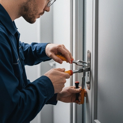 Serrurier en uniforme ouvrant une porte avec des outils spécialisés