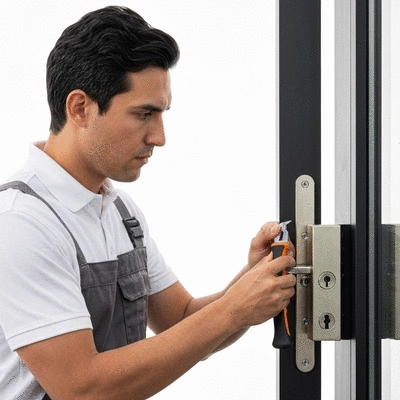 Serrurier professionnel installant une serrure haute sécurité sur une porte de commerce