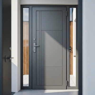 Modern reinforced door in a home entrance, high security, no text, no words, no typography, clean image