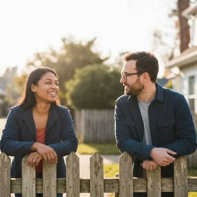 Neighbors talking over a fence, representing community vigilance