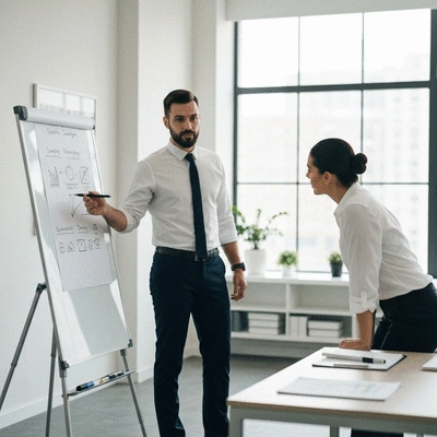 Professional security consultant explaining security strategy to business owner in an office