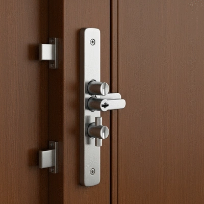 Close-up of a modern multipoint lock installed on a wooden door