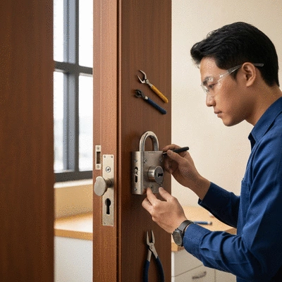 Professional locksmith inspecting a high-security lock