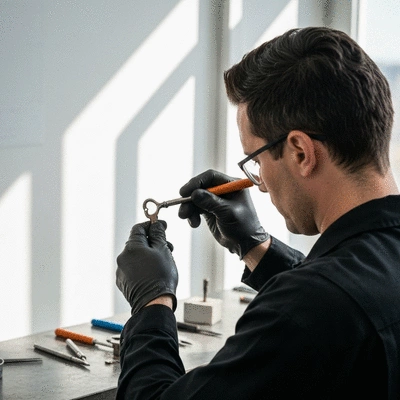 Un serrurier professionnel reproduisant une clé ancienne avec des outils spécifiques, mettant en valeur le savoir-faire et la précision.