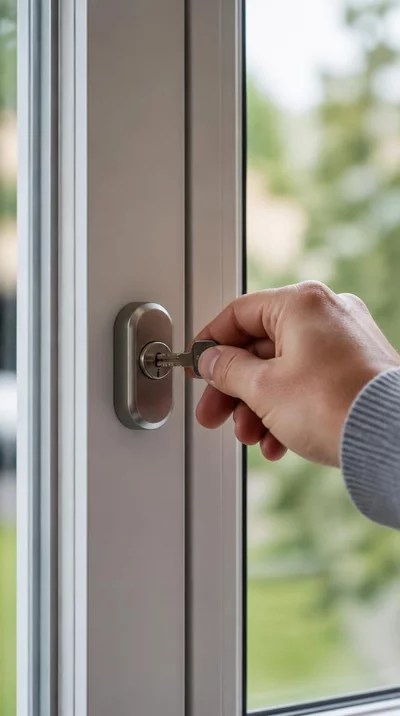 Close-up of a hand locking a modern window, emphasizing home security and prevention