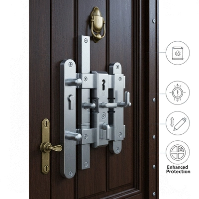 Illustration d'une porte d'entrée sécurisée avec une serrure multipoints, avec des icônes de protection et d'isolation, no text, no words, no typography, clean image, 8K