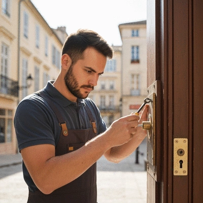 Professional locksmith inspecting a door lock in Avignon, France, tools visible, no text, no words, no typography