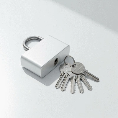 Modern lock with keys on a clean surface, emphasizing security and accessibility, no text, no words, no typography, no labels, clean image