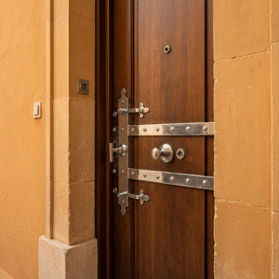 Vue d'ensemble d'une porte d'entrée sécurisée avec une serrure multipoints visible, dans un cadre résidentiel chaleureux à Avignon, no text, no words, no typography, clean image, 8K