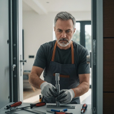 Serrurier métallier travaillant sur une porte blindée