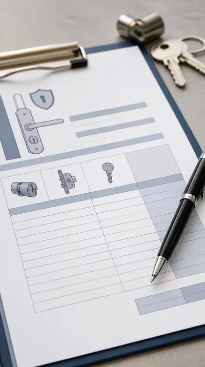 Gros plan sur un contrat ou un devis de serrurerie avec un stylo, mettant en évidence la clarté et la transparence des coûts. Focus sur les détails du document. no text, no words, no typography, no labels, clean image