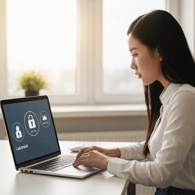 Personne sélectionnant un serrurier sur un ordinateur portable, avec des icônes de sécurité et de fiabilité