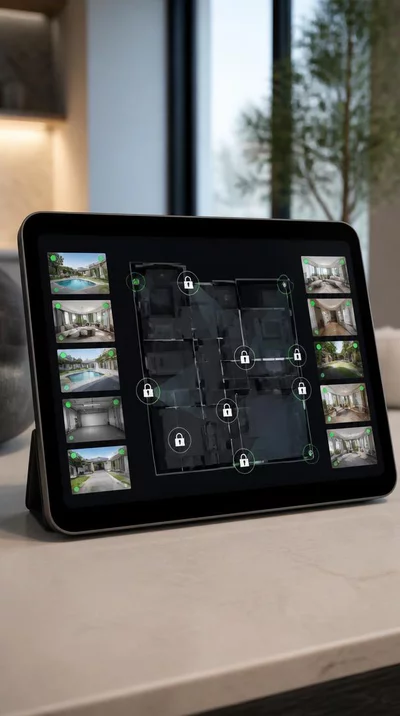 Modern smart home security system dashboard on a tablet, showing locked doors and active cameras