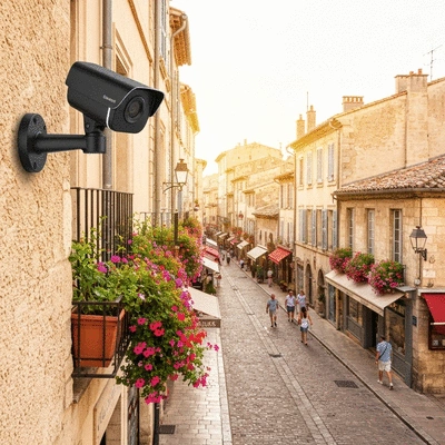 Modern security camera on a wall overlooking a street in Avignon, France, no text, no words, no typography