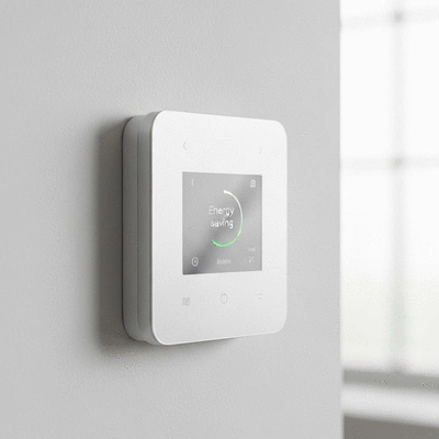 Modern smart thermostat on a wall, showing energy savings