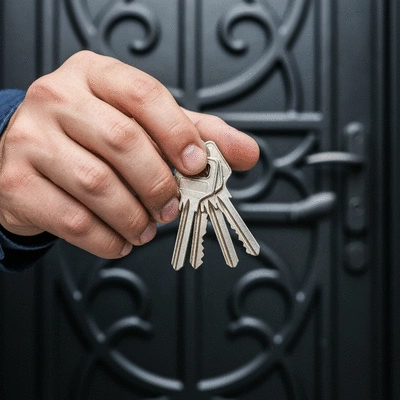 Gros plan sur la main d'un serrurier tenant des clés, avec un fond flou de porte sécurisée, ambiance professionnelle, no text, no words, no typography, clean image