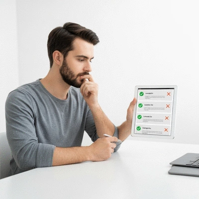 Personne comparant des devis de serruriers sur une tablette, avec des icônes de coche et de croix