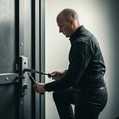 Serrurier professionnel ouvrant une porte avec des outils spécialisés, lumière douce, ambiance sécurisante