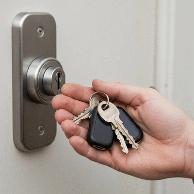 Main tenant un trousseau de clés devant une serrure de porte sécurisée