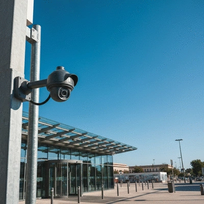 Modern security camera monitoring a commercial building entrance in Avignon