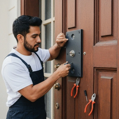 Serrurier professionnel installant un blindage de porte