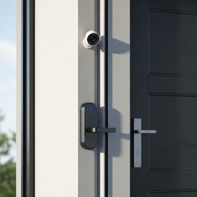 Modern home security system with smart lock and surveillance camera