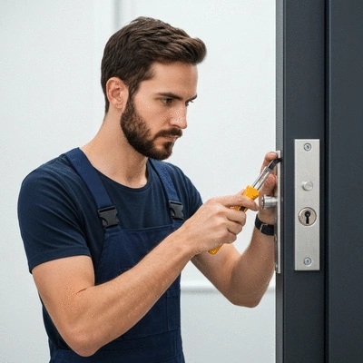 Professional locksmith inspecting a modern armoured door lock