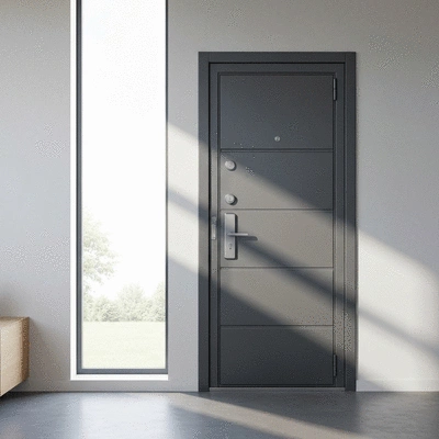 Modern armored door in a secure home setting