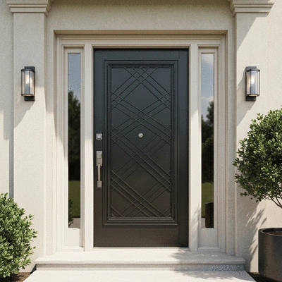 Modern armoured door in a stylish home entrance, showing security and design