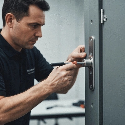 Serrurier métallier installant une serrure sur une porte blindée