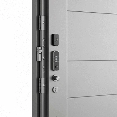 Modern secured door with multiple locks and a strong frame, no text, no words, no typography