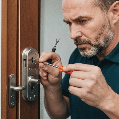 Professional locksmith inspecting a high-security lock on a commercial door