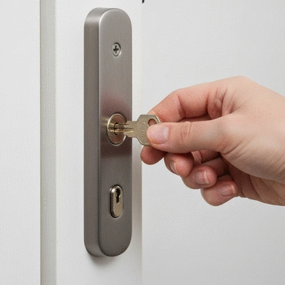 Close-up of a hand inserting a key into a modern door lock, demonstrating security, no text, no words, no typography