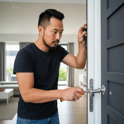 Serrurier en action, réparant une serrure endommagée, gros plan sur les mains et les outils