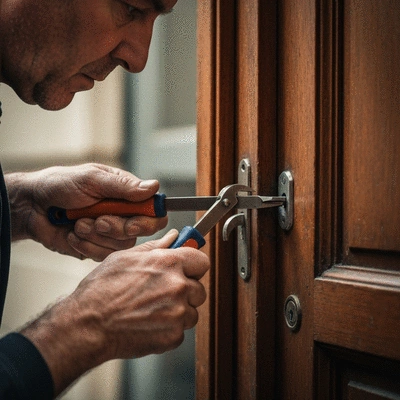 Serrurier en action ouvrant une porte avec des outils spécialisés