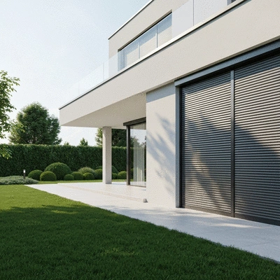 Modern house with secure rolling shutters partially closed