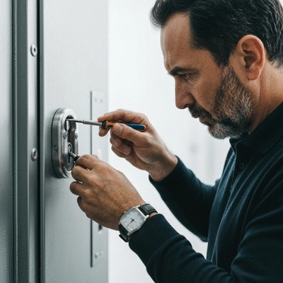 Professional locksmith inspecting a high-security lock on a reinforced door, no text, no words, no typography, clean image