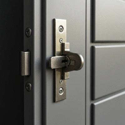 Close-up of a modern multi-point lock mechanism on a door, showing durability and security features, no text, no words, no typography, no labels, clean image
