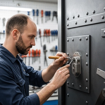 Serrurier métallier inspectant une serrure sur une porte blindée