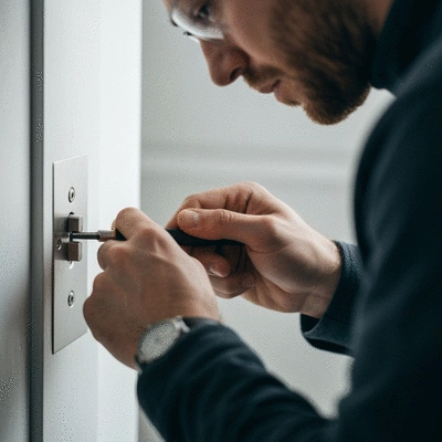 Serrurier travaillant sur une serrure de porte, gros plan sur les mains et les outils