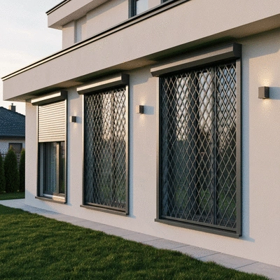 Modern house with secure rolling shutters, partially closed, protecting windows